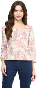 Harpa Casual 3/4th Sleeve Floral Print Women's White Top