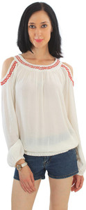 Good Fashion Casual 3/4th Sleeve Embroidered Women's White Top