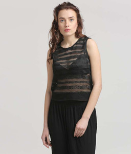 Moda Elementi Casual Sleeveless Self Design Women's Black Top