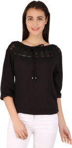 BuyNewTrend Casual 3/4th Sleeve Printed Women's Black Top