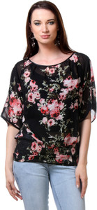 Envy Me Casual Kimono Sleeve Floral Print Women's Black, Red Top