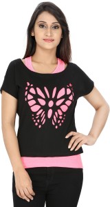 Franclo Party Butterfly Sleeve Self Design Women's Black, Pink Top