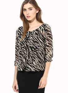Mayra Party 3/4th Sleeve Printed Women's Black Top