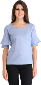 Cation Casual Short Sleeve Solid Women's Blue Top