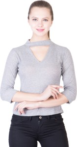khhalisi Casual 3/4th Sleeve Solid Women's Grey Top