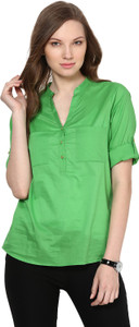 Harpa Casual Roll-up Sleeve Solid Women's Green Top