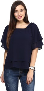 rare casual layered sleeve solid women blue top