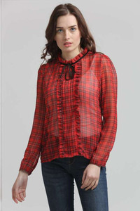 Moda Elementi Casual Full Sleeve Checkered Women's Red Top