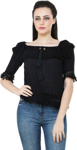 BuyNewTrend Casual Short Sleeve Solid Women's Black Top