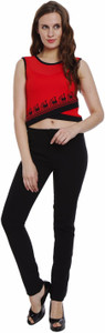 Soie Party Sleeveless Self Design Women's Red Top