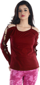 Veakupia Casual Full Sleeve Solid Women's Maroon Top