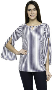 Enchanted Drapes Formal 3/4th Sleeve Striped Women's White Top