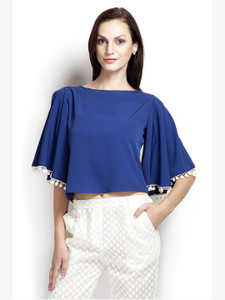 Popnetic Casual 3/4th Sleeve Solid Women's Blue Top