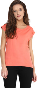 Miss Chase Casual Cap Sleeve Solid Women's Orange Top