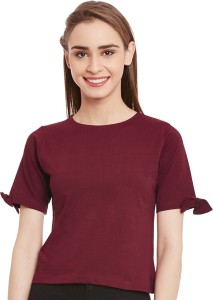 Miss Chase Party Short Sleeve Solid Women's Maroon Top