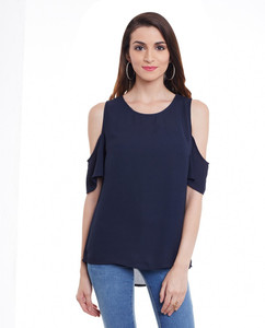 Purys Casual Short Sleeve Solid Women's Dark Blue Top