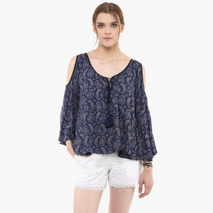 Loom Tree Casual Bell Sleeve Printed Women's Blue Top