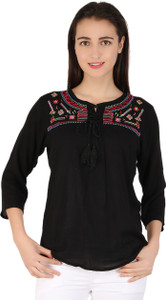 BuyNewTrend Casual 3/4th Sleeve Printed Women's Black Top