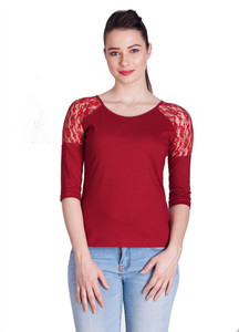 Veakupia Casual 3/4th Sleeve Solid Women's Maroon Top