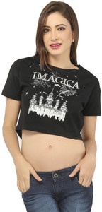 Imagica Casual Short Sleeve Printed Women's Black Top