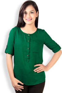 Vaak Casual Roll-up Sleeve Solid Women's Green Top
