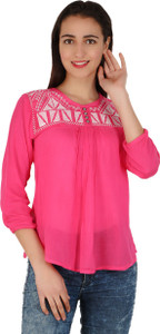 BuyNewTrend Casual 3/4th Sleeve Embroidered Women's Pink Top