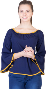 Khhalisi Party Bell Sleeve Printed Women's Blue Top
