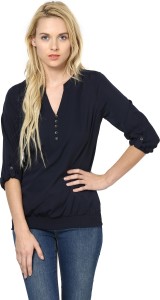 harpa casual roll-up sleeve solid women's blue top