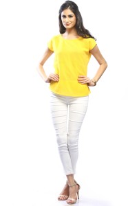 Pinwheel Casual Short Sleeve Solid Women's Yellow Top