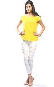 Pinwheel Casual Short Sleeve Solid Women's Yellow Top