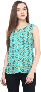 akkriti by pantaloons casual sleeveless printed women blue top
