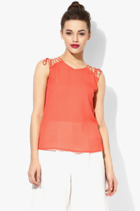 Veni Vidi Vici Casual Sleeveless Solid Women's Orange, Gold Top