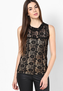 Mayra Party Sleeveless Self Design Women's Black Top