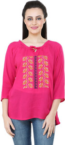 BuyNewTrend Casual 3/4th Sleeve Embroidered Women's Pink Top