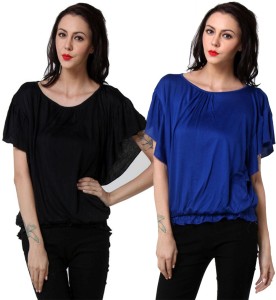 TeeMoods Casual Butterfly Sleeve Solid Women's Black, Blue Top