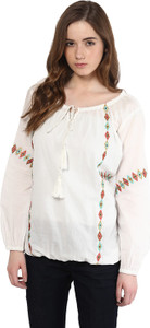 Taurus Casual Full Sleeve Embroidered Women's White Top