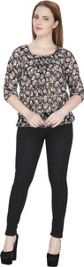 Rashi Creation Party 3/4th Sleeve Printed Women's Black Top