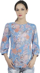 Mask Lifestyle Casual 3/4th Sleeve Floral Print Women's Blue Top