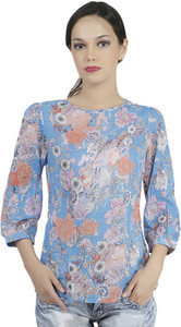 Mask Lifestyle Casual 3/4th Sleeve Floral Print Women's Blue Top
