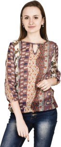 Mask Lifestyle Casual 3/4th Sleeve Printed Women's Brown Top