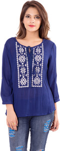 Goodwill Impex Casual 3/4th Sleeve Embroidered Women's Blue Top