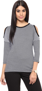 Hypernation Casual 3/4th Sleeve Striped Women's Black, White Top