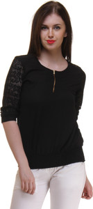 Ruhaan's Casual 3/4th Sleeve Solid Women's Black Top