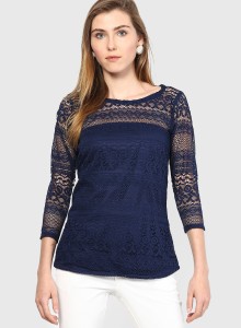 Mayra Casual 3/4th Sleeve Solid, Self Design Women's Blue Top