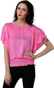 TeeMoods Casual Butterfly Sleeve Solid Women's Pink Top
