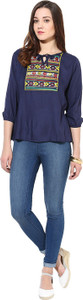Mayra Party 3/4th Sleeve Solid Women's Blue Top