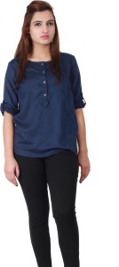 Vaak Casual Roll-up Sleeve Solid Women's Blue Top