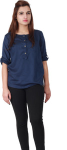 Vaak Casual Roll-up Sleeve Solid Women's Blue Top