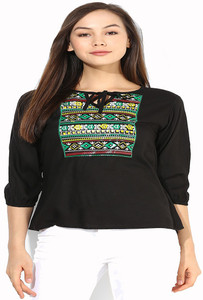 Mayra Party 3/4th Sleeve Printed Women's Black Top