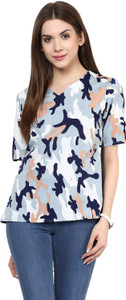 Zimaleto Casual Short Sleeve Printed Women's Blue Top